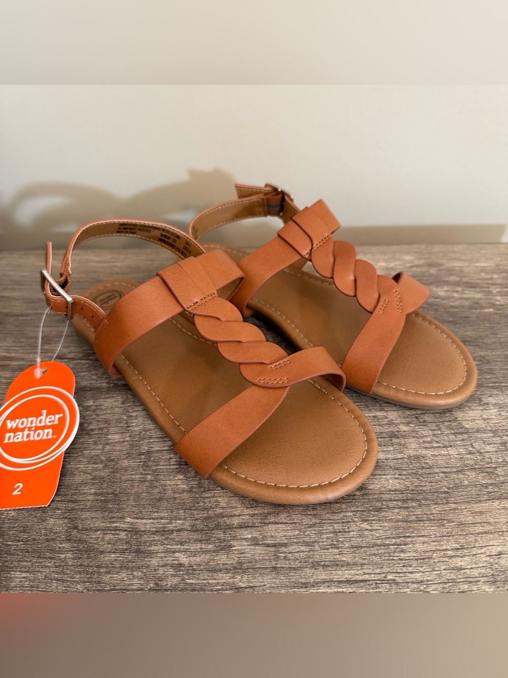 NEW wonder nation Brown Braided Sandals Girls Size 2 Buckle Summer